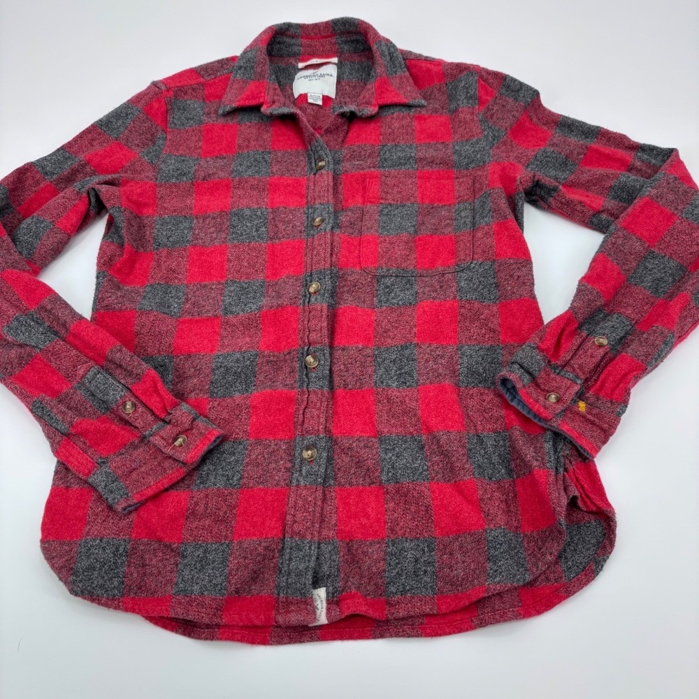American Eagle Outfitter Slim Fit Buffalo Plaid Flannel Shirt Womens S Red Gray